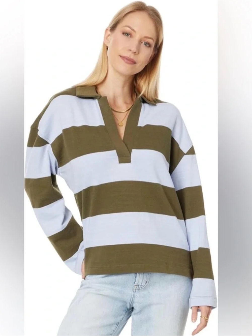 Madewell Rugby Polo Shirt Faded Ivy Wide Striped Pattern Olive Green Light Blue